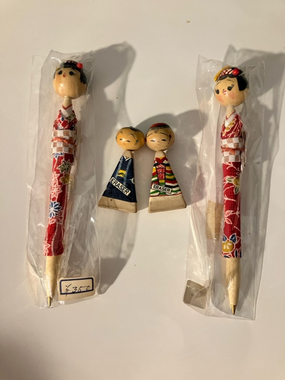 Vintage Kokeshi Doll Stationery Set - 2 Pens 2 Erasers MCM Travel Series